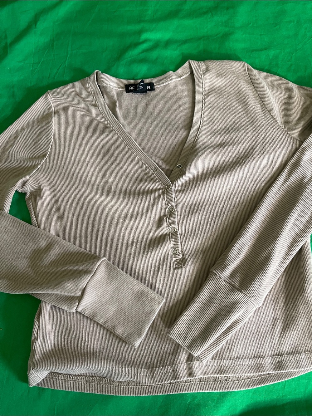 Arden B Beige Ribbed Henley Long-Sleeve Top